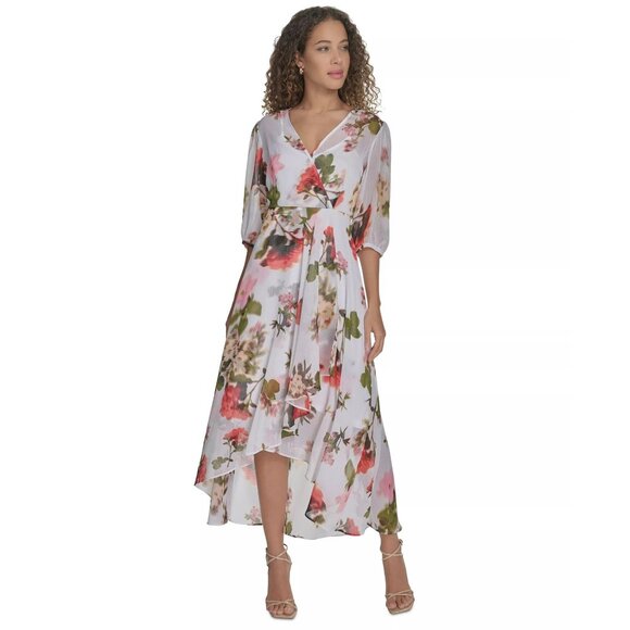 Calvin Klein White Floral-print Faux-wrap Chiffon High-low Dress 4 41894 - Picture 3 of 14